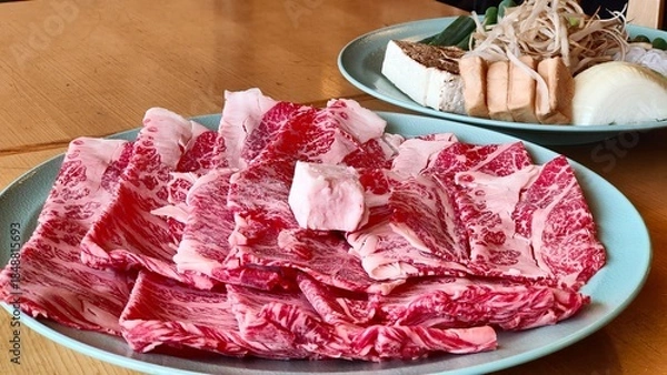 Obraz Thinly Sliced Premium Wagyu Beef with Intense Marbling for Sukiyaki or Shabu-shabu