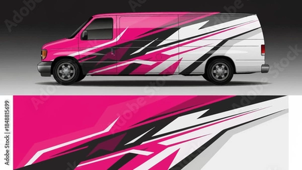 Fototapeta Vibrant pink and white van featuring bold graphic wrap and dynamic stripes design.