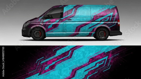Fototapeta Vibrant teal and purple graphic van with abstract stripe design on urban street backdrop.