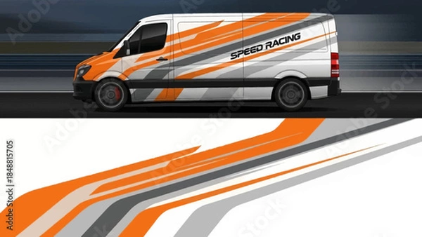 Fototapeta Motion blurred white and orange racing van with dynamic stripes on a highway scene.