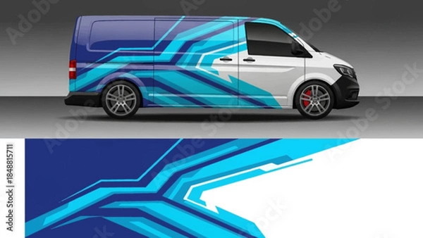 Fototapeta Sleek blue graphic-wrapped van featuring dynamic lines and futuristic design.
