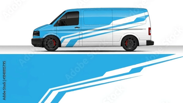 Fototapeta Blue and white delivery van with dynamic diagonal stripes on the side.