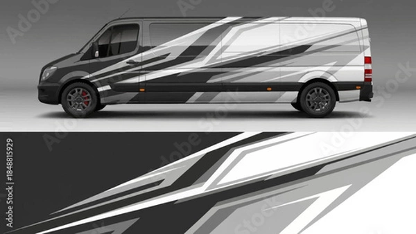 Fototapeta Sleek wrapped van with bold graphic stripes and monochrome color scheme.