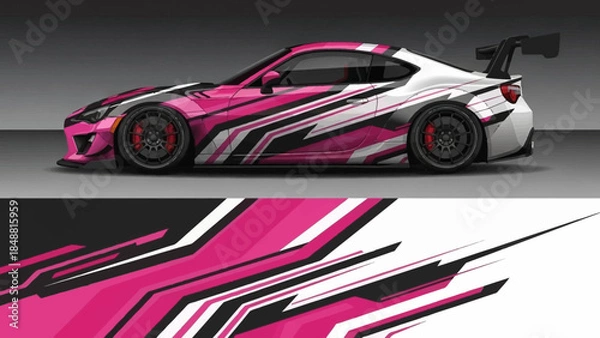 Fototapeta Sleek colorful race car with bold pink and black graphics on track.