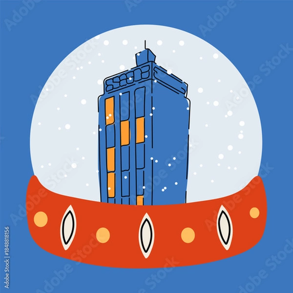 Fototapeta Stylized snow globe with a modern building and snowflakes