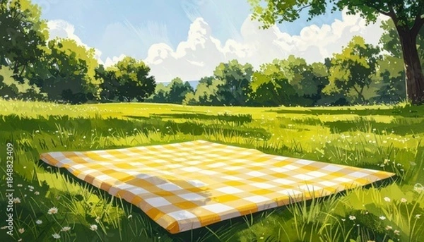 Obraz Top View Checkered Picnic Blanket on Grass
