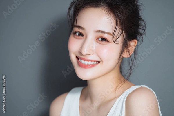 Obraz 笑顔できらめく綺麗な肌と白い歯を見せる日本人女性美人モデルの接写写真。オーラルケア、スキンケア、コスメ広告用。