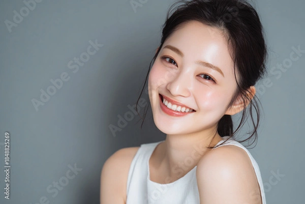 Obraz 笑顔できらめく綺麗な肌と白い歯を見せる日本人女性美人モデルの接写写真。オーラルケア、スキンケア、コスメ広告用。
