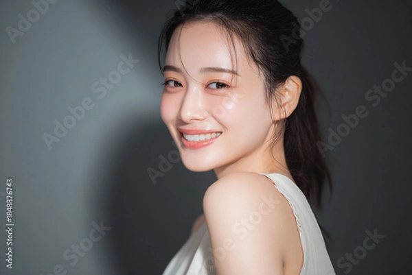Obraz 笑顔できらめく綺麗な肌と白い歯を見せる日本人女性美人モデルの接写写真。オーラルケア、スキンケア、コスメ広告用。