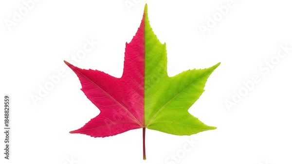 Obraz Isolated half green half red maple leaf, nature concept, botanical element, fall foliage, season change