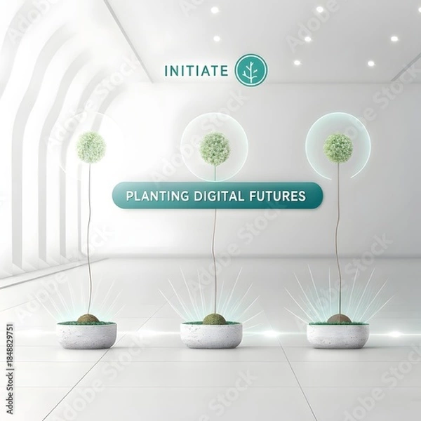 Fototapeta Futuristic seed pods initiating digital growth in a white environment