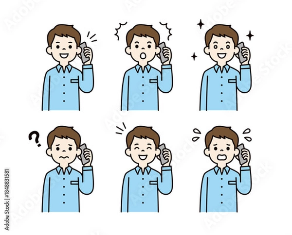 Obraz スマートフォンで通話する、様々な表情の20代・30代の男性の上半身ベクターイラスト素材セット＿カラー