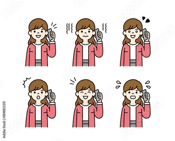 Obraz スマートフォンで通話する、様々な表情の20代・30代の女性の上半身ベクターイラスト素材セット＿カラー