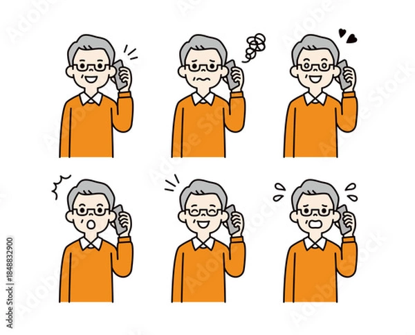 Obraz スマートフォンで通話する、様々な表情の60代・70代の男性の上半身ベクターイラスト素材セット＿カラー