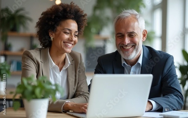 Fototapeta Two middle age business workers smiling happy and confident. Working together with smile on face using laptop at the office. High quality. High quality