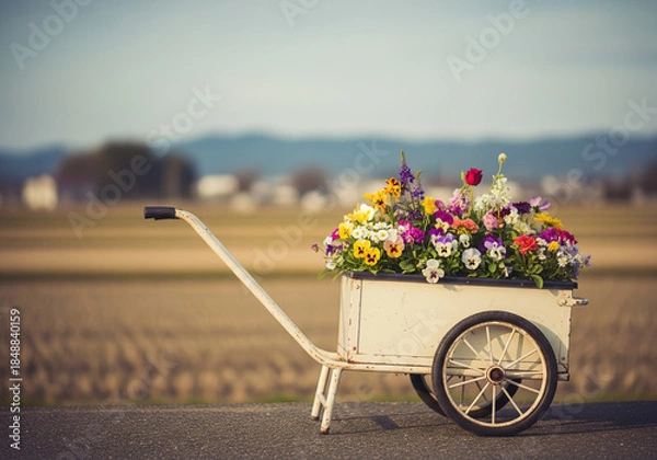 Obraz 田園風景に映える色鮮やかな花々を載せた白いリヤカー