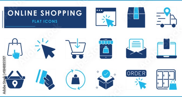 Fototapeta A set of flat icons related to Click and collect online shopping. Online, pay, order, deliver, location, cart, goods, and so on.