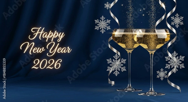 Obraz Two champagne glasses on a dark blue background with snowflakes and ribbons. Happy New Year 2026. Celebration and festive atmosphere, good luck concept.