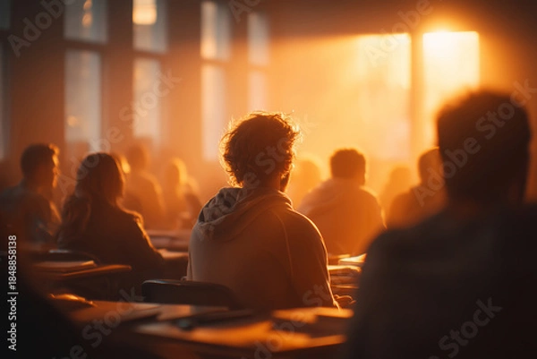 Obraz Workers engage in focused retraining session during golden hour light