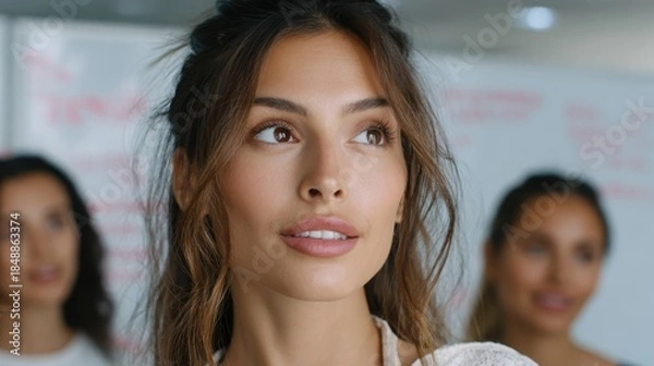 Fototapeta Hispanic Woman Leading Team Huddle in Dynamic Startup Environment