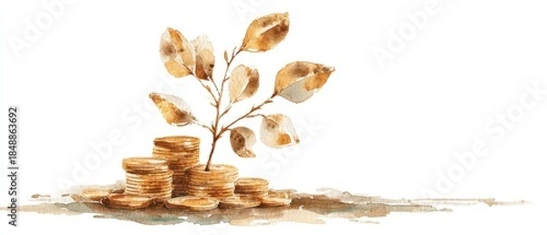 Fototapeta Long-Term Financial Growth Symbolized by Sapling Emerging from Vintage Gold Coins