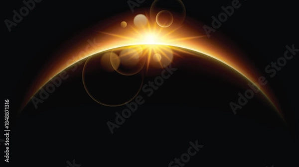 Obraz Solar eclipse background. Horizon light beam effect. Sunrise light, round sparkling rays. Vector