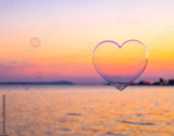 Obraz 海辺に浮かぶ、ハートのシャボン玉