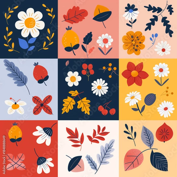 Fototapeta Seasonal floral vector collection with flowers and leaves in flat minimalist style, colorful decorative elements for patterns and design