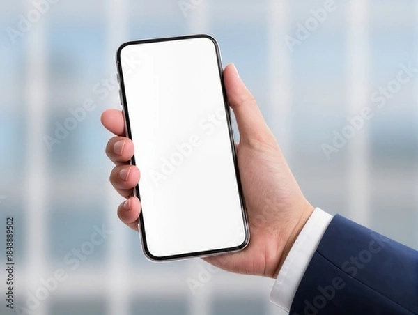 Fototapeta Hand Holding Smartphone With Blank Screen For Mockup, Modern Technology, Business Use, Close-Up Portrait. lose-up of a hand holding a smartphone with a blank white screen. Perfect for tech, business.