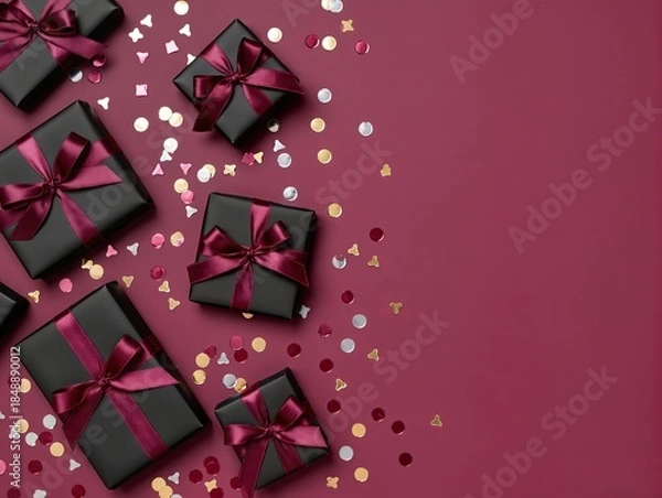 Fototapeta Elegant Black Gift Boxes With Bronze Ribbons On Magenta Background For Celebration And Gifts. Elegant black gift boxes with bronze ribbons lay on a bold magenta background, sprinkled with gold.