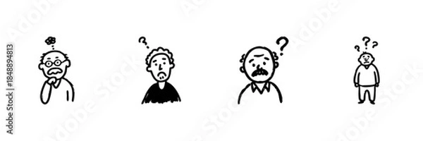 Fototapeta Confused People With Question Marks Line Icon Set In Doodle Style. Uncertainty, Puzzlement, And Inquiry Expression Outline Sketch Collection. Hand Drawn Isolated Vector Illustration