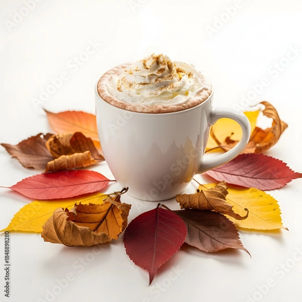 Obraz Autumn latte surrounded by leaves