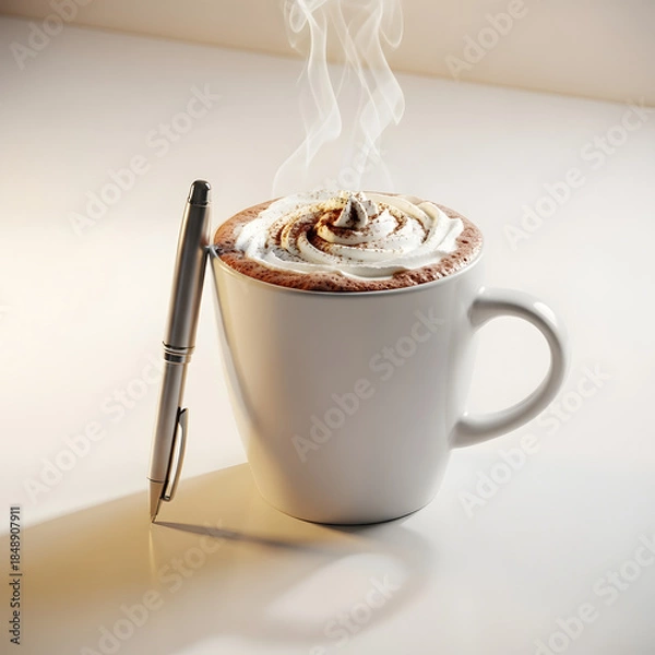 Obraz Steaming coffee mug with pen