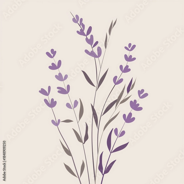 Fototapeta Minimalist lavender bouquet illustration with soft purple tones, elegant botanical artwork on light background for wellness, beauty, packaging and decor