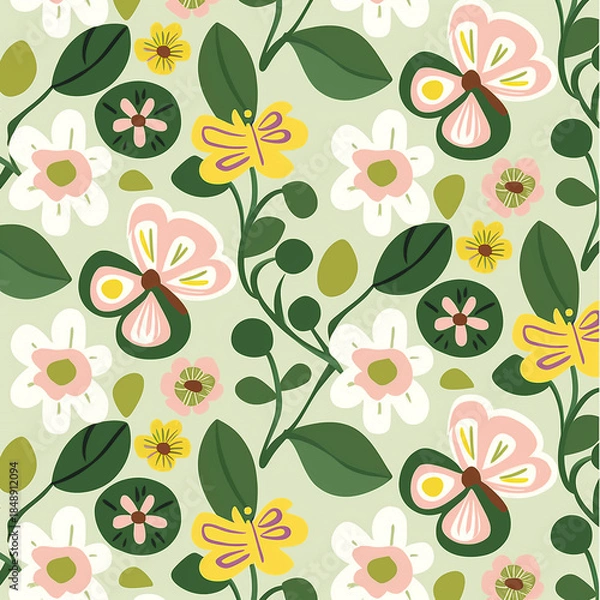 Fototapeta Seamless floral vector pattern with stylized spring flowers, leaves and butterflies in soft green palette, playful botanical background for fabric, wallpaper and packaging