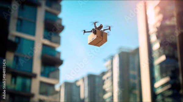 Obraz Delivery drone flying between apartment buildings with package