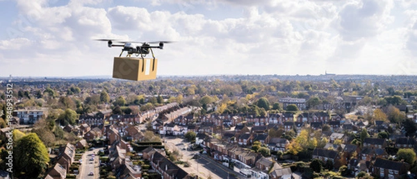 Obraz Drone delivering package over suburban neighborhood
