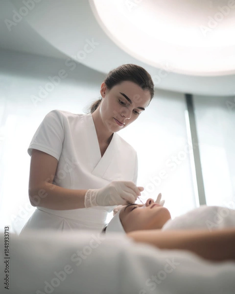 Obraz Professional cosmetologist performing facial treatment procedure
