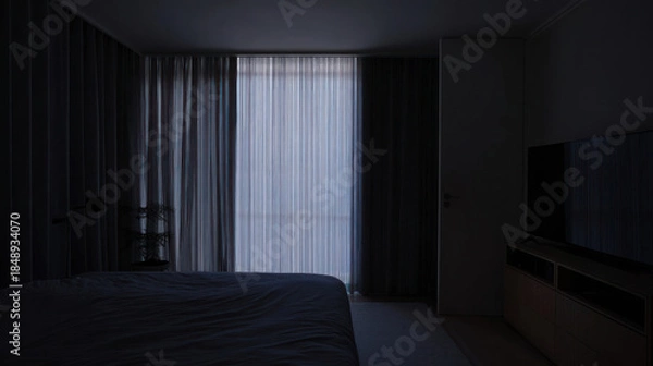 Obraz Dimly lit room interior with closed curtains