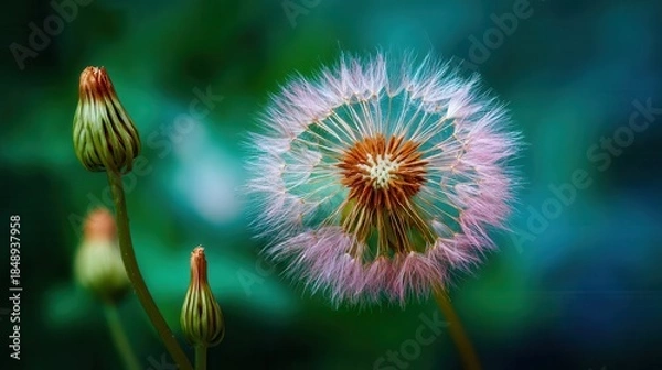 Obraz Dandelion transformation with vibrant details blurred green background
