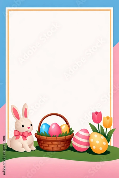 Obraz Easter Bunny with Colorful Eggs and Tulips