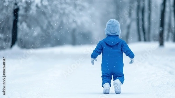 Fototapeta Young child in blue winter outfit walks through snowy landscape, surrounded by trees, creating a serene atmosphere of winter exploration and joy