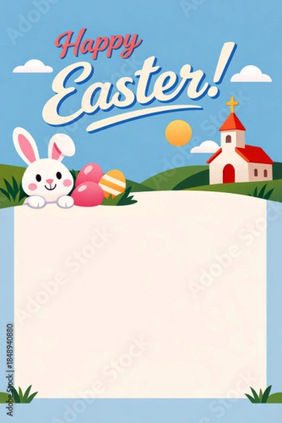 Obraz Easter Bunny With Eggs Near Church