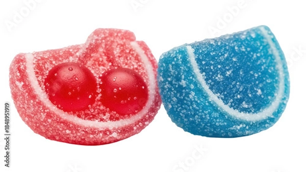 Fototapeta Isolated two colorful sugar coated gummy candies, strawberry and blue raspberry flavor
