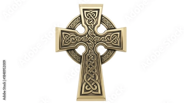 Fototapeta Isolated ornate Celtic cross bronze color medieval religious object decorative knotwork design