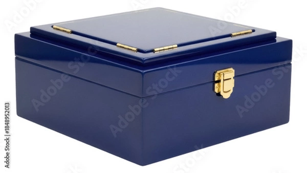 Fototapeta Isolated shiny blue wooden box with brass hardware, empty container for valuables