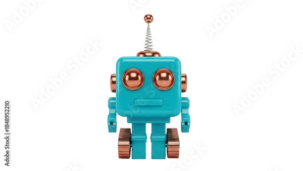 Fototapeta Isolated Teal Square Robot Toy with Antenna, Circular Eyes, Cylinder Arms, and Cylinder Wheels