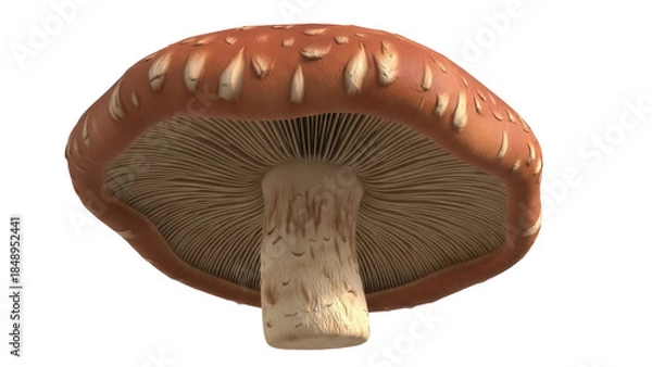Fototapeta Isolated close-up of shiitake mushroom with gills, stem, and cap, edible ingredient, food source
