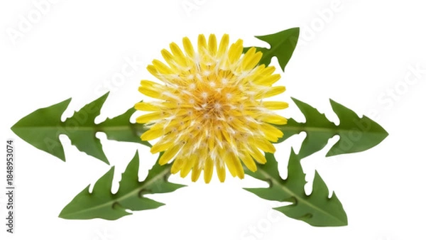 Fototapeta Isolated flowering dandelion with leaves in a symmetric arrangement for springtime concepts