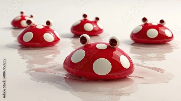 Obraz Red polka dot objects floating on a reflective white surface